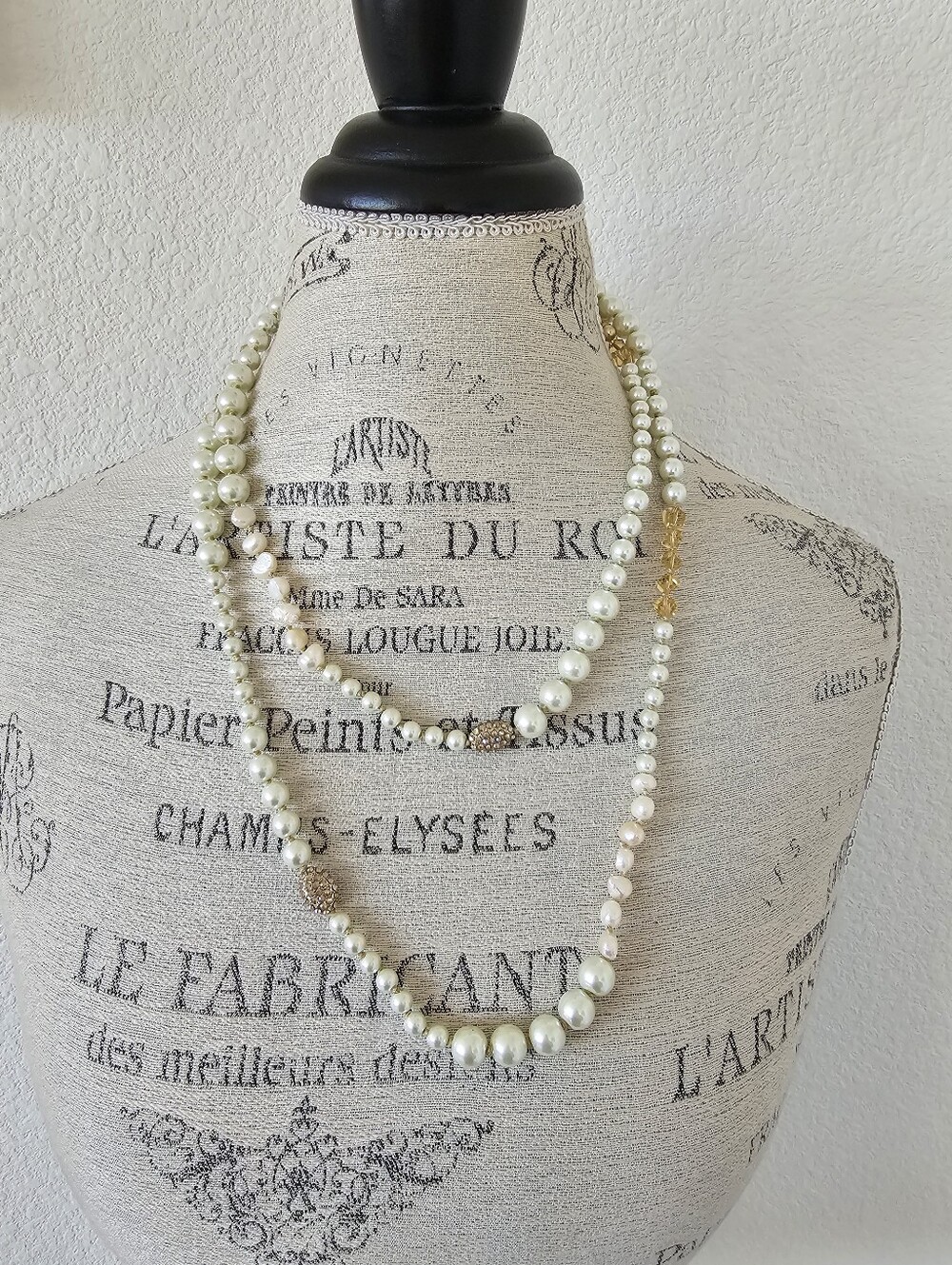 Chico's Long Mixed Pearl & Champagne Crystal Layering Statement Necklace, 50"